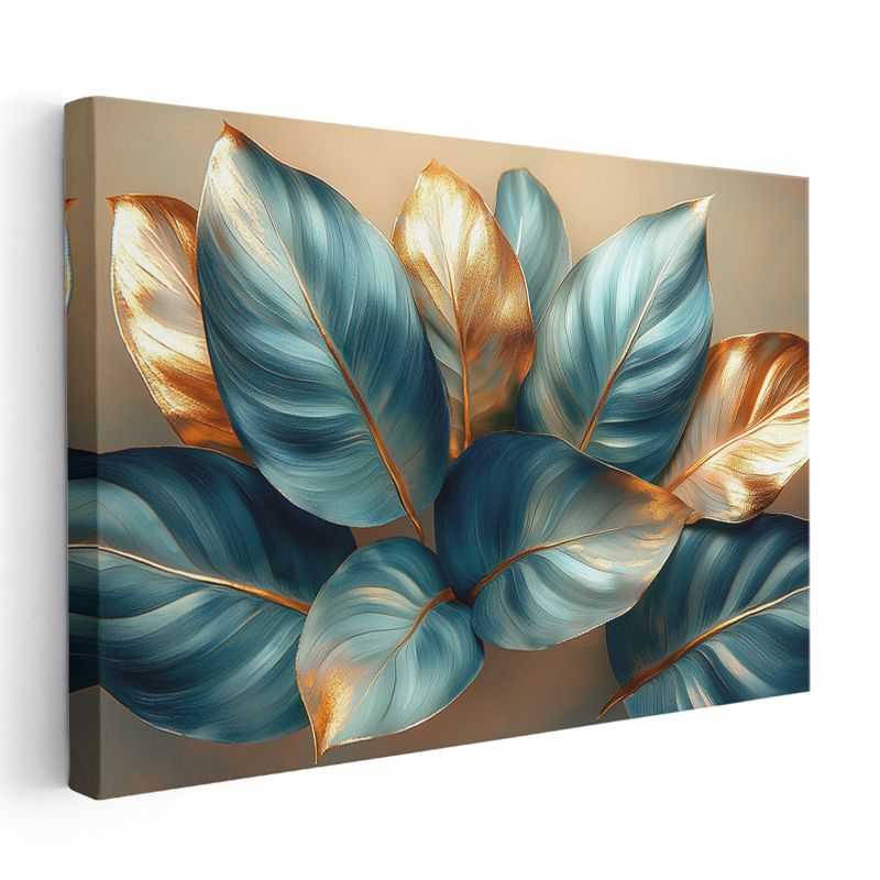 Mavi Altın Yapraklar - Lüks Dekoratif Bitki Deseni Kanvas Tablo