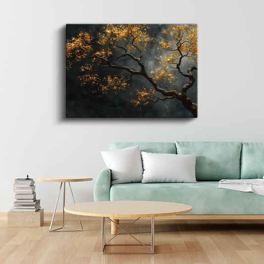 Altın Ağaç - Siyah Fonda Işıltılı Dekoratif Sanat Kanvas Tablo
