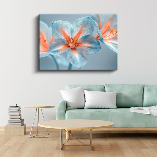 Mavi Zambak - Turuncu Merkezli Zarif Çiçek Kanvas Tablo