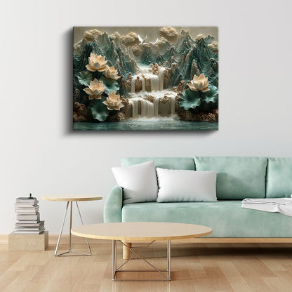 Nilüfer Cenneti - Şelale Manzaralı Lotus Çiçekleri Kanvas Tablo