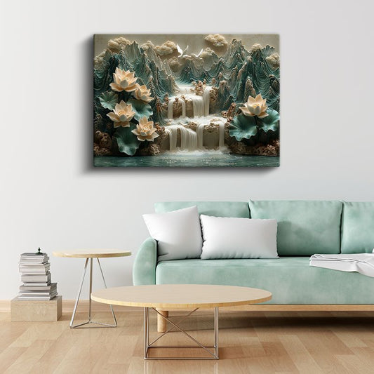 Nilüfer Cenneti - Şelale Manzaralı Lotus Çiçekleri Kanvas Tablo