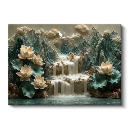 Nilüfer Cenneti - Şelale Manzaralı Lotus Çiçekleri Kanvas Tablo