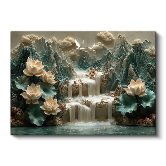 Nilüfer Cenneti - Şelale Manzaralı Lotus Çiçekleri Kanvas Tablo