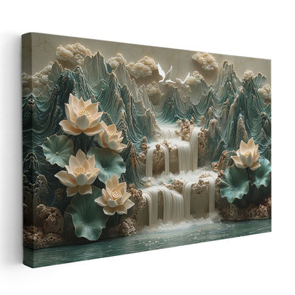 Nilüfer Cenneti - Şelale Manzaralı Lotus Çiçekleri Kanvas Tablo