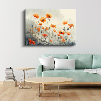 Gelincik Tarlası - Sisli Manzarada Turuncu Gelincikler Kanvas Tablo