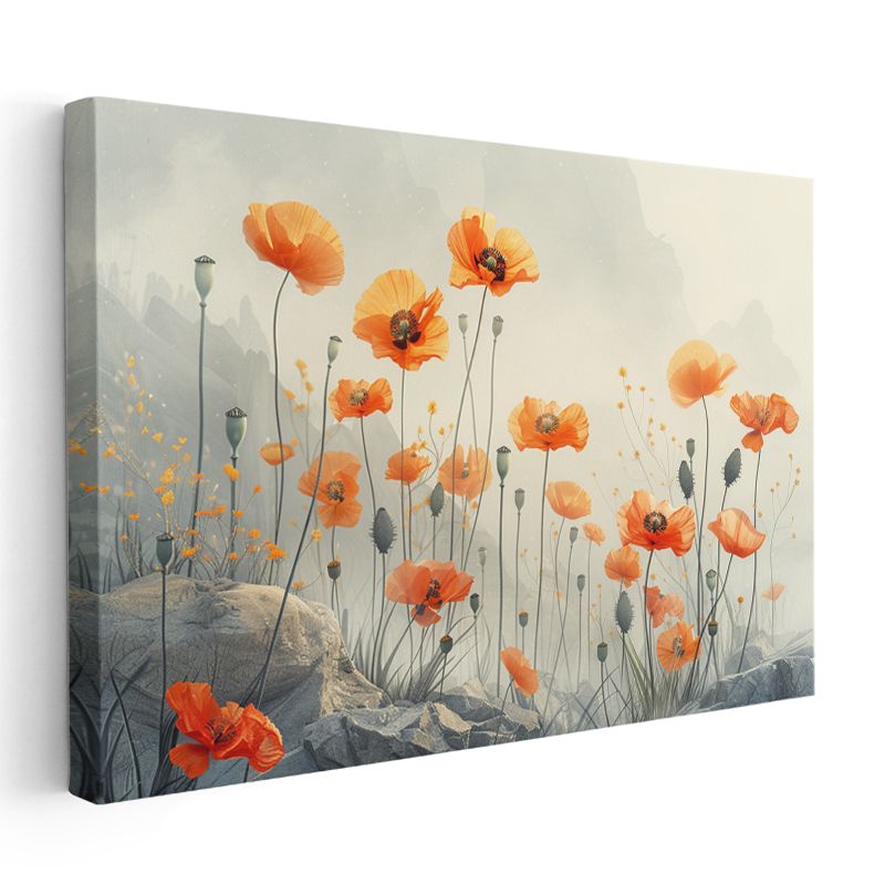 Gelincik Tarlası - Sisli Manzarada Turuncu Gelincikler Kanvas Tablo