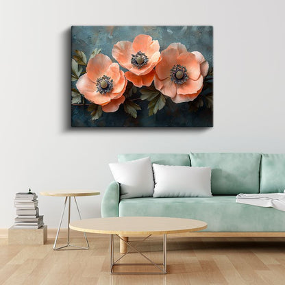 Somon Anemonlar - Mavi Fonda Zarif Çiçek Üçlemesi Kanvas Tablo