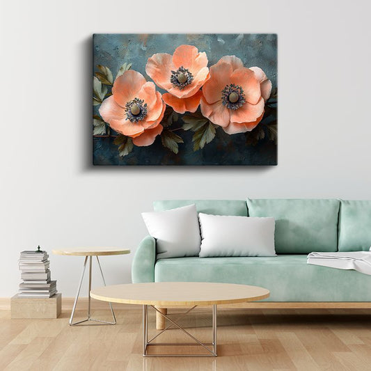 Somon Anemonlar - Mavi Fonda Zarif Çiçek Üçlemesi Kanvas Tablo