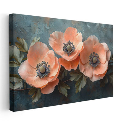 Somon Anemonlar - Mavi Fonda Zarif Çiçek Üçlemesi Kanvas Tablo