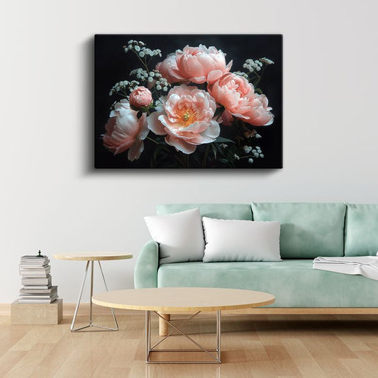 Pembe Şakayıklar - Çiy Damlacıklı Zarif Buket Kanvas Tablo