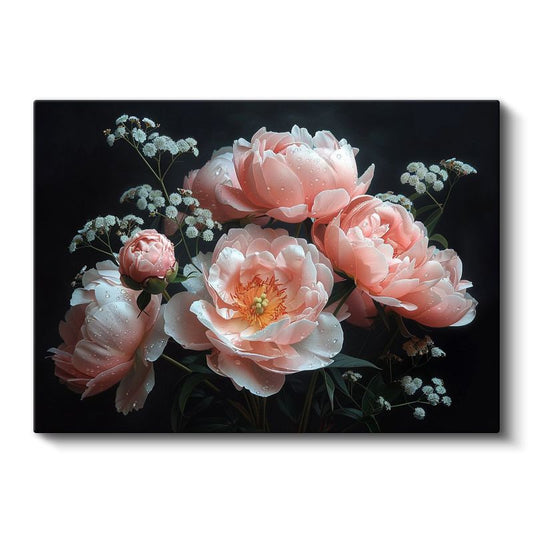 Pembe Şakayıklar - Çiy Damlacıklı Zarif Buket Kanvas Tablo