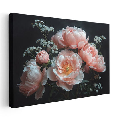 Pembe Şakayıklar - Çiy Damlacıklı Zarif Buket Kanvas Tablo