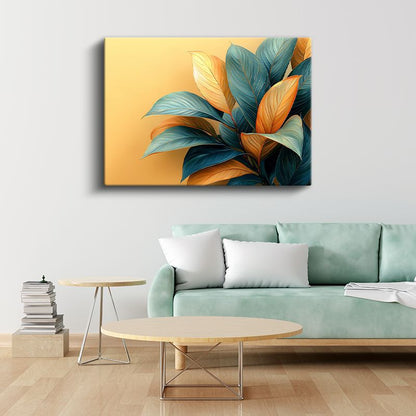 Egzotik Yapraklar - Turkuaz ve Turuncu Tonlarda Modern Desen Kanvas Tablo