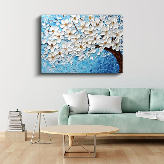 Beyaz Çiçek Ağacı - Kabartma Görünümlü Dokulu Sanat Eseri Kanvas Tablo