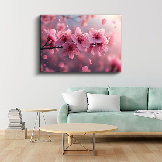 Kiraz Çiçekleri - Uçuşan Yapraklarıyla Bahar Dalı Kanvas Tablo