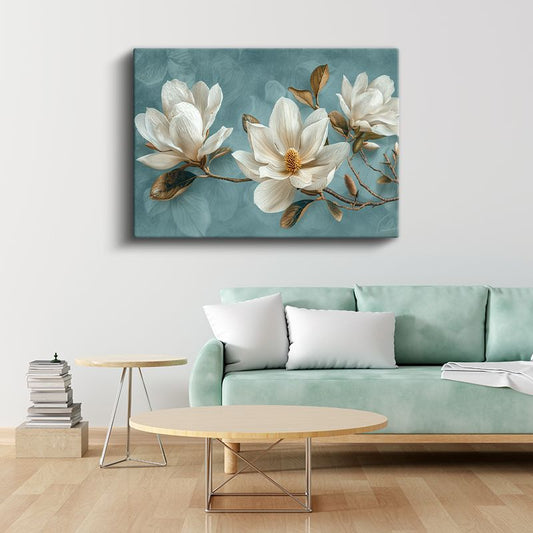 Manolya Dalı - Turkuaz Fonda Beyaz Çiçek Zarafeti Kanvas Tablo