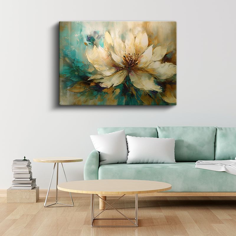 Krem Çiçek - Turkuaz ve Altın Tonlarında Soyut Tasarım Kanvas Tablo