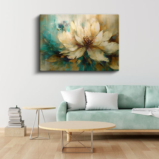 Krem Çiçek - Turkuaz ve Altın Tonlarında Soyut Tasarım Kanvas Tablo