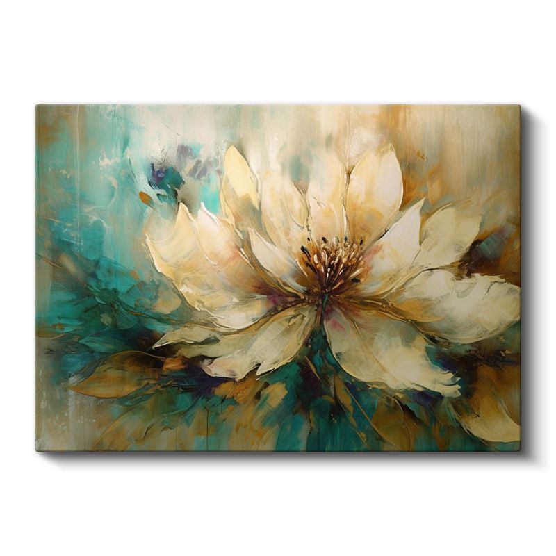 Krem Çiçek - Turkuaz ve Altın Tonlarında Soyut Tasarım Kanvas Tablo