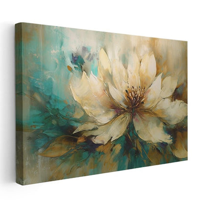 Krem Çiçek - Turkuaz ve Altın Tonlarında Soyut Tasarım Kanvas Tablo