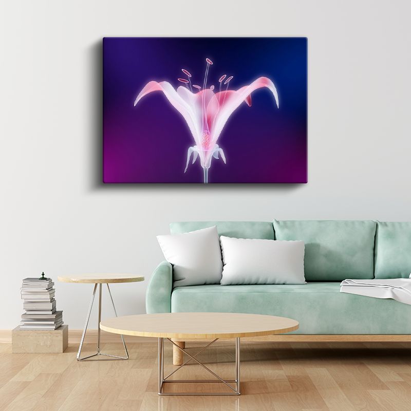 Neon Zambak - Mor Fonda Işıltılı Çiçek Silüeti Kanvas Tablo