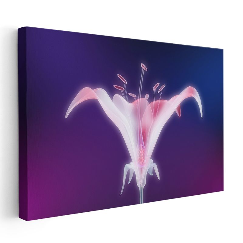 Neon Zambak - Mor Fonda Işıltılı Çiçek Silüeti Kanvas Tablo