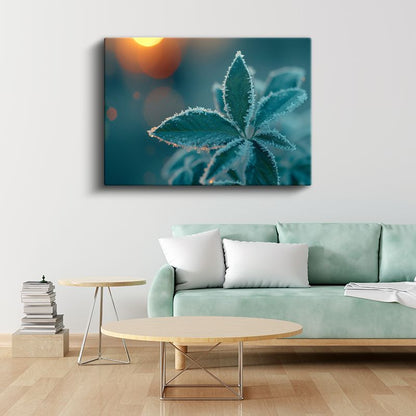 Kırağılı Yapraklar - Gün Doğumunda Kristal Detaylar Kanvas Tablo