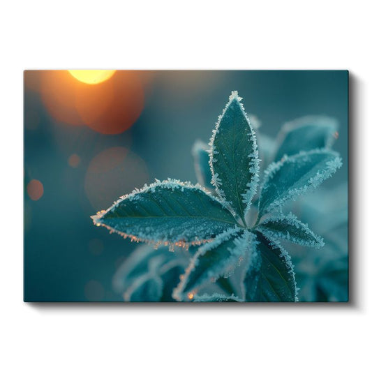 Kırağılı Yapraklar - Gün Doğumunda Kristal Detaylar Kanvas Tablo