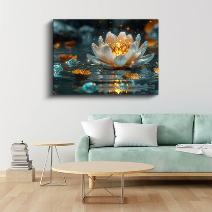 Işıklı Nilüfer - Altın Parıltılı Su Üstü Çiçeği Kanvas Tablo