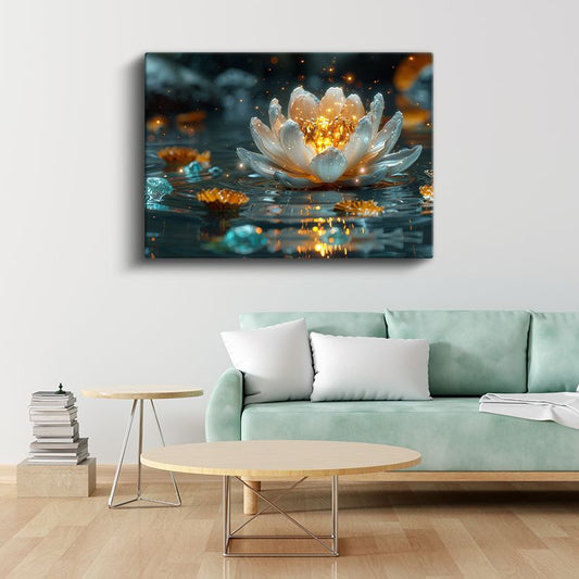 Işıklı Nilüfer - Altın Parıltılı Su Üstü Çiçeği Kanvas Tablo