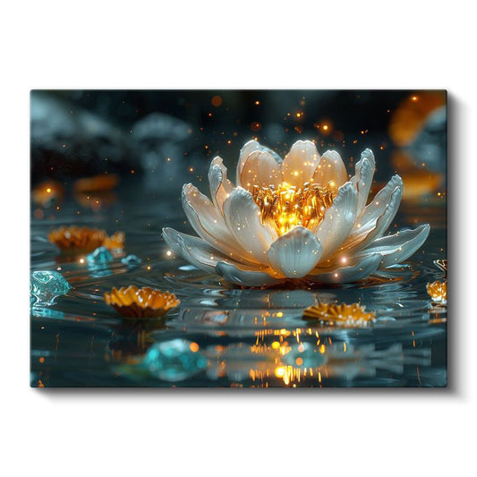 Işıklı Nilüfer - Altın Parıltılı Su Üstü Çiçeği Kanvas Tablo