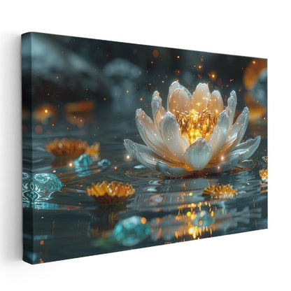 Işıklı Nilüfer - Altın Parıltılı Su Üstü Çiçeği Kanvas Tablo