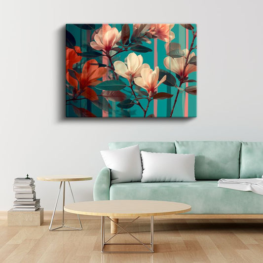 Modern Manolyalar - Turkuaz Fonda Çiçek Harmonisi Kanvas Tablo