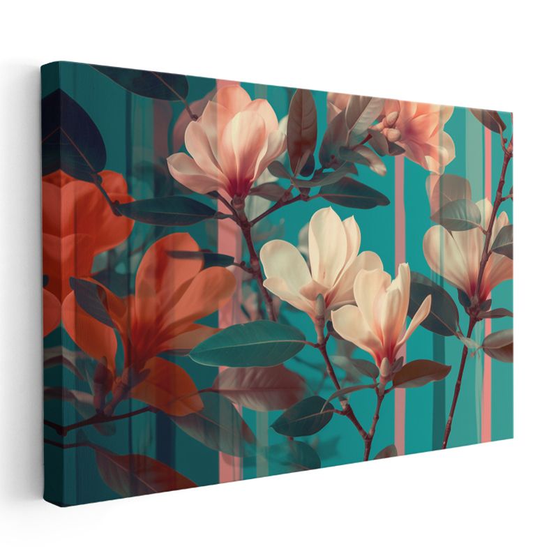 Modern Manolyalar - Turkuaz Fonda Çiçek Harmonisi Kanvas Tablo