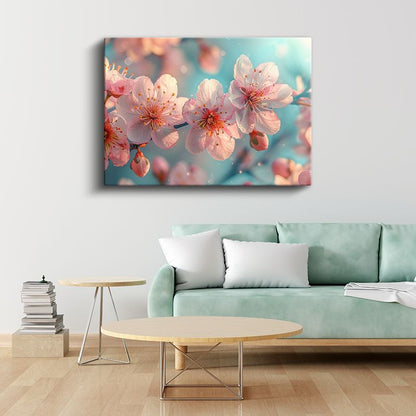 Bahar Çiçekleri - Turkuaz Fonda Pembe Kiraz Dalları Kanvas Tablo