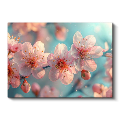 Bahar Çiçekleri - Turkuaz Fonda Pembe Kiraz Dalları Kanvas Tablo