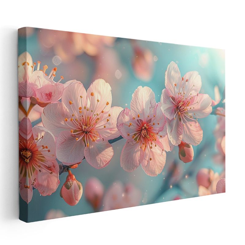 Bahar Çiçekleri - Turkuaz Fonda Pembe Kiraz Dalları Kanvas Tablo