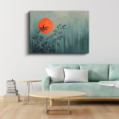 Zen Bambu - Kırmızı Güneş Eşliğinde Minimalist Tasarım Kanvas Tablo