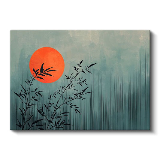 Zen Bambu - Kırmızı Güneş Eşliğinde Minimalist Tasarım Kanvas Tablo