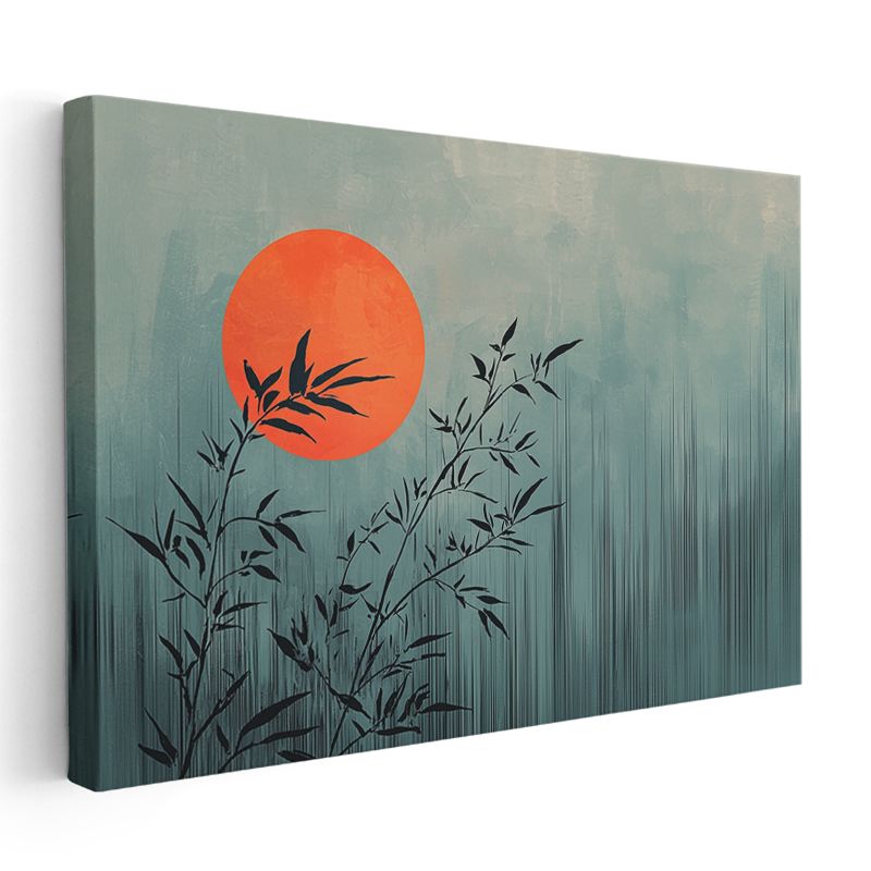 Zen Bambu - Kırmızı Güneş Eşliğinde Minimalist Tasarım Kanvas Tablo