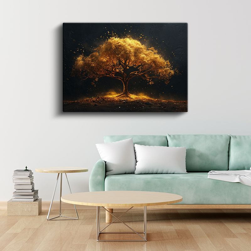 Işıklı Ağaç - Altın Parıltılı Mistik Görünüm Kanvas Tablo
