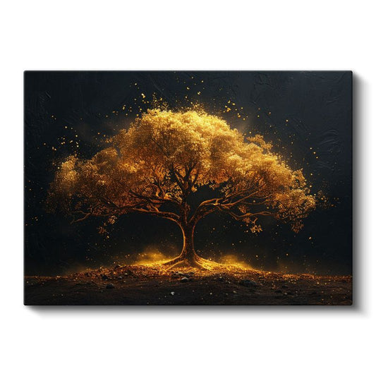Işıklı Ağaç - Altın Parıltılı Mistik Görünüm Kanvas Tablo