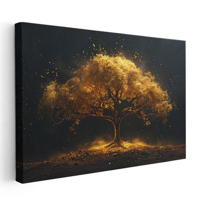Işıklı Ağaç - Altın Parıltılı Mistik Görünüm Kanvas Tablo