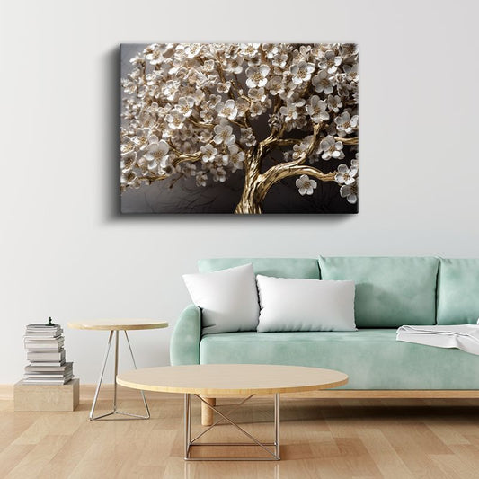 Altın Çiçek Ağacı - Zarif Beyaz Çiçekli Dekoratif Tasarım Kanvas Tablo