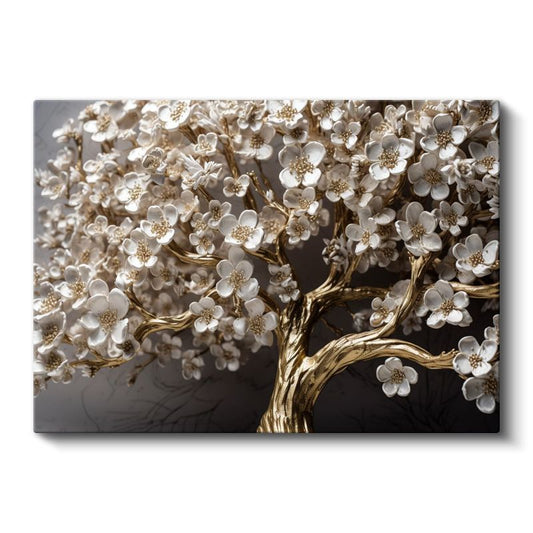 Altın Çiçek Ağacı - Zarif Beyaz Çiçekli Dekoratif Tasarım Kanvas Tablo