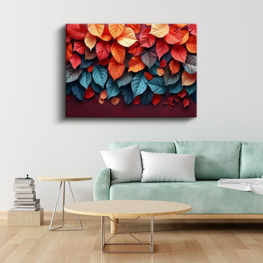 Sonbahar Deseni - Kırmızı ve Mavi Tonlarda Yaprak Harmonisi Kanvas Tablo