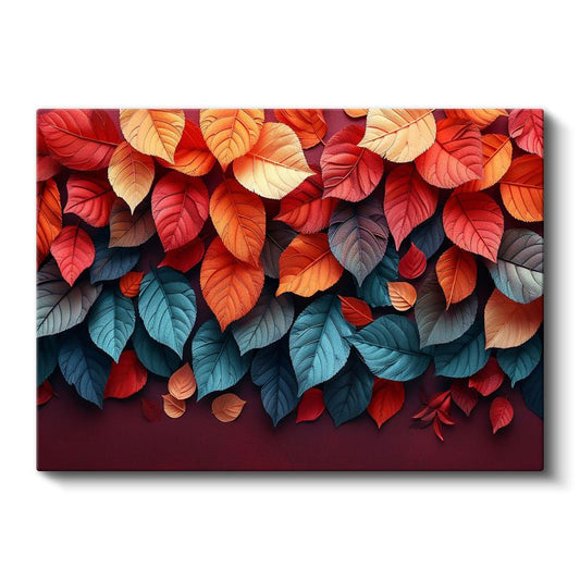 Sonbahar Deseni - Kırmızı ve Mavi Tonlarda Yaprak Harmonisi Kanvas Tablo
