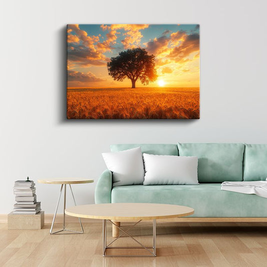 Altın Tarla - Gün Batımında Yalnız Ağaç Silueti Kanvas Tablo
