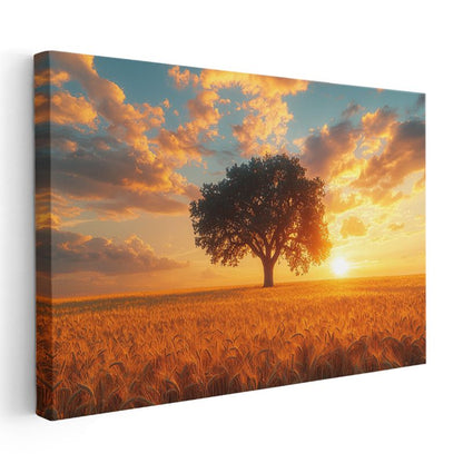 Altın Tarla - Gün Batımında Yalnız Ağaç Silueti Kanvas Tablo