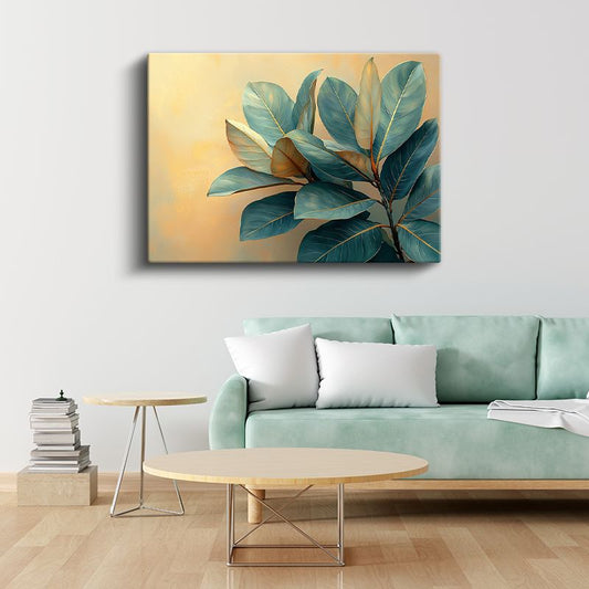 Turkuaz Yapraklar - Altın Fonda Modern Bitki Deseni Kanvas Tablo